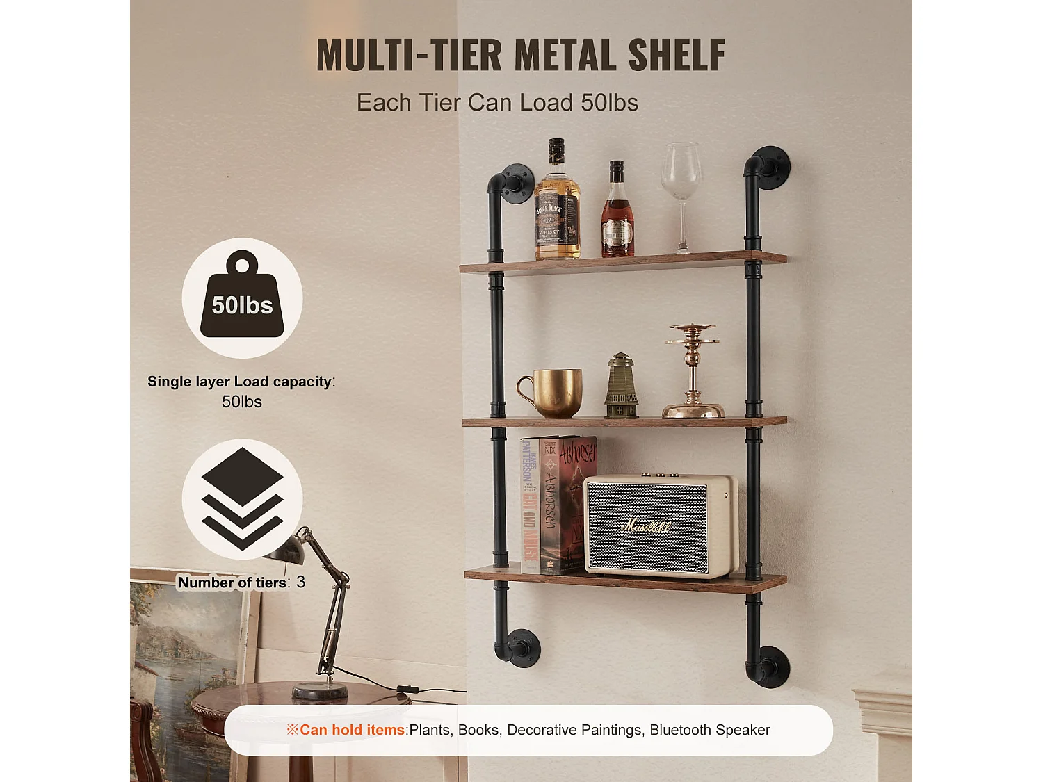 Étagère Mural, Étagère Industrielle à 3 Niveaux, 61 x 20 CM, Montage Mural, Cuisine, Chambre à Coucher