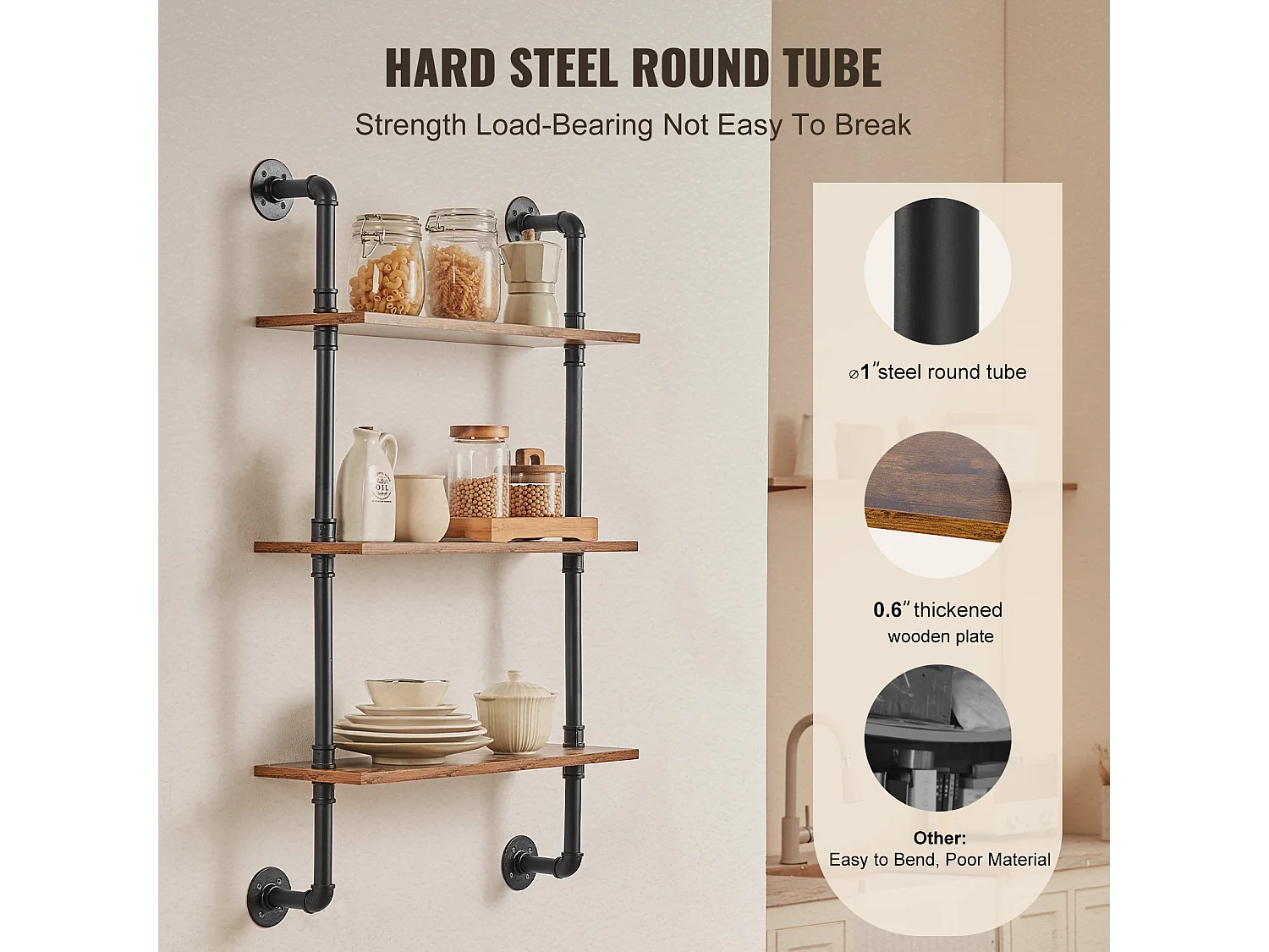 Étagère Mural, Étagère Industrielle à 3 Niveaux, 61 x 20 CM, Montage Mural, Cuisine, Chambre à Coucher