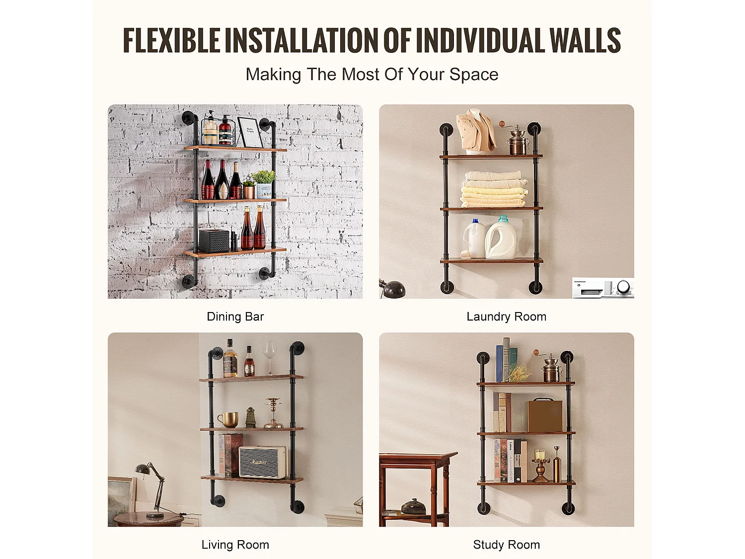 Étagère Mural, Étagère Industrielle à 3 Niveaux, 61 x 20 CM, Montage Mural, Cuisine, Chambre à Coucher