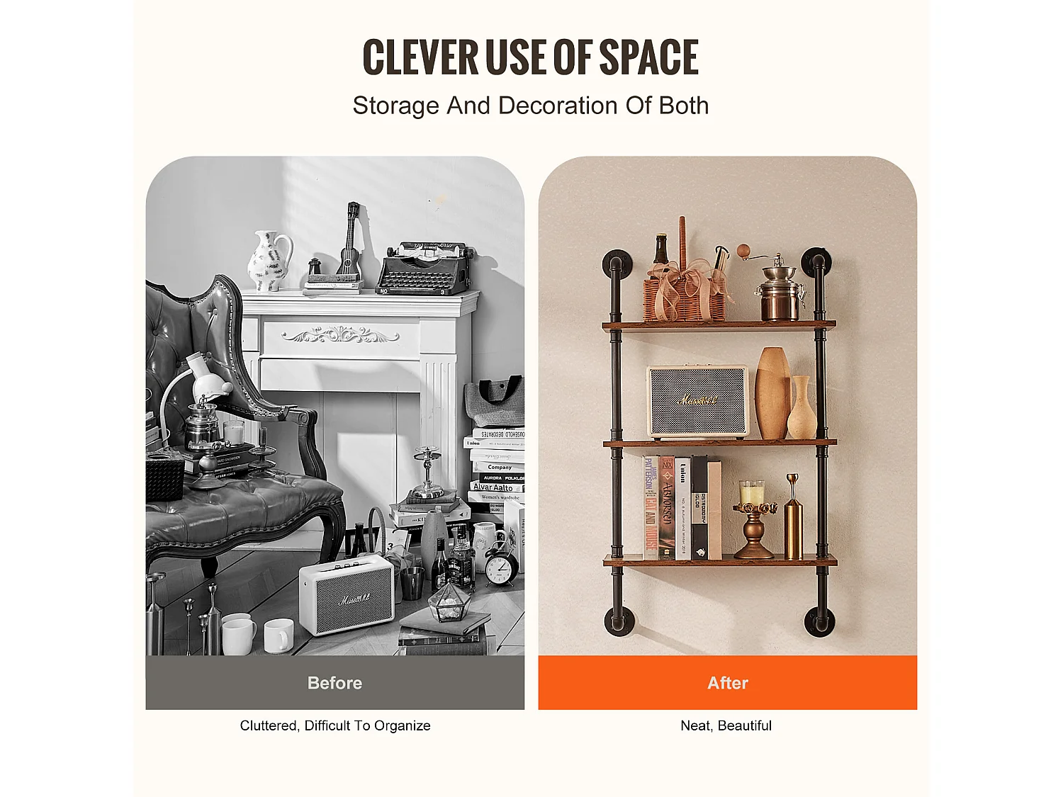 Étagère Mural, Étagère Industrielle à 3 Niveaux, 61 x 20 CM, Montage Mural, Cuisine, Chambre à Coucher