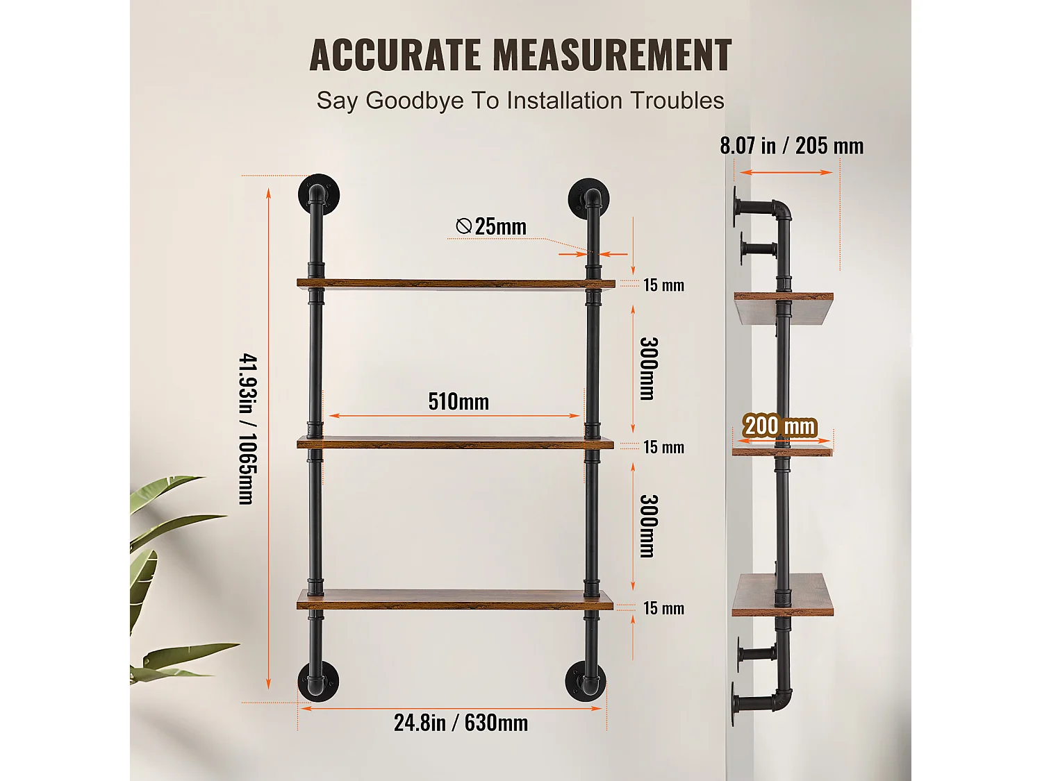 Étagère Mural, Étagère Industrielle à 3 Niveaux, 61 x 20 CM, Montage Mural, Cuisine, Chambre à Coucher