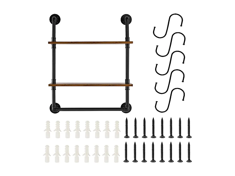 Industrieregal SucceBuy 2-Stöckiges Regal 61 x 20 cm, Wandmontage, Rustikales Holz, Aufbewahrung, Schwarz, Wohnräume