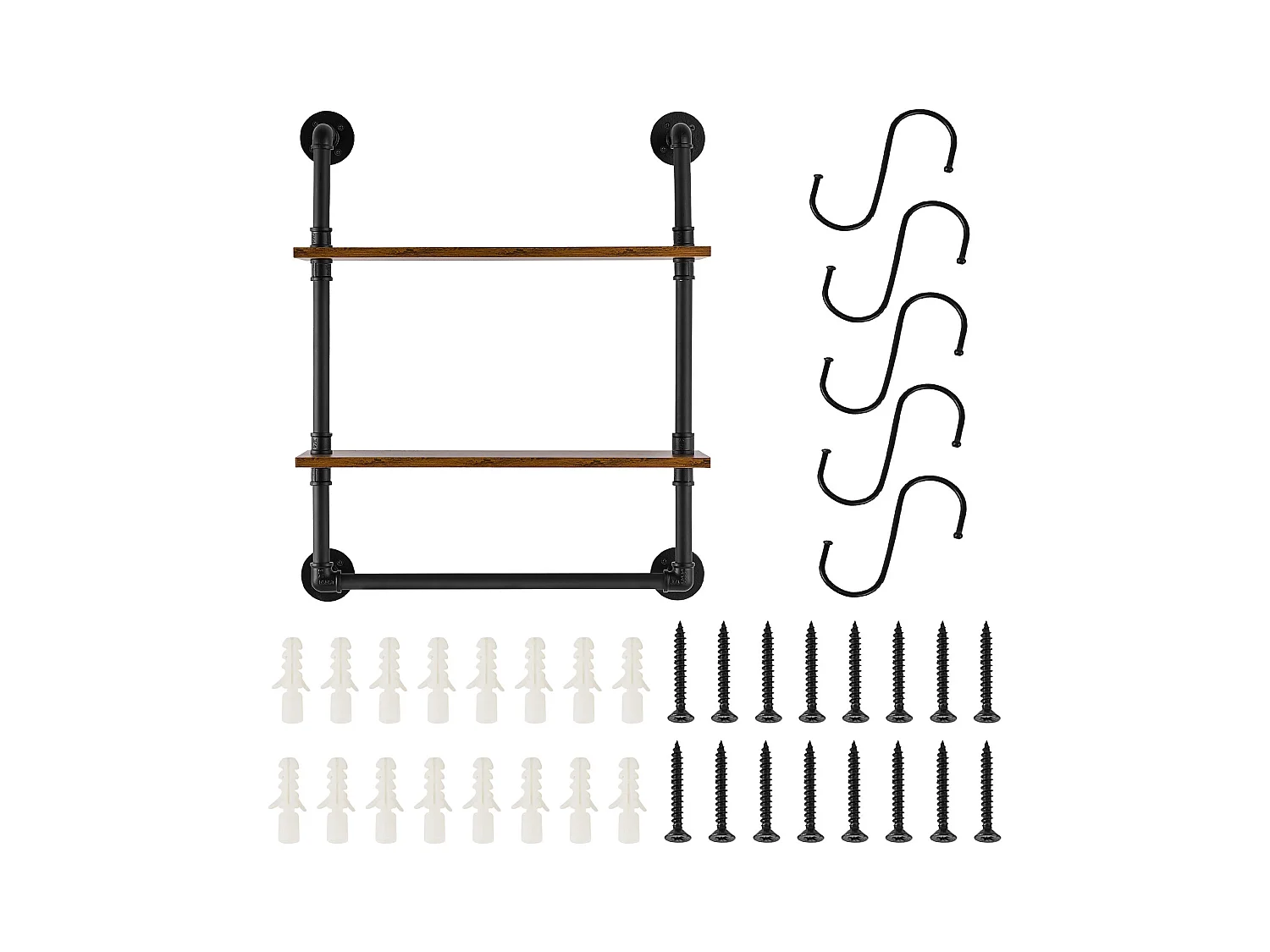 Étagère Mural, Étagère à 2Niveaux 61x 20 CM, Montage Mural, Bois Rustique, Rangement, Noir, Espaces de Vie