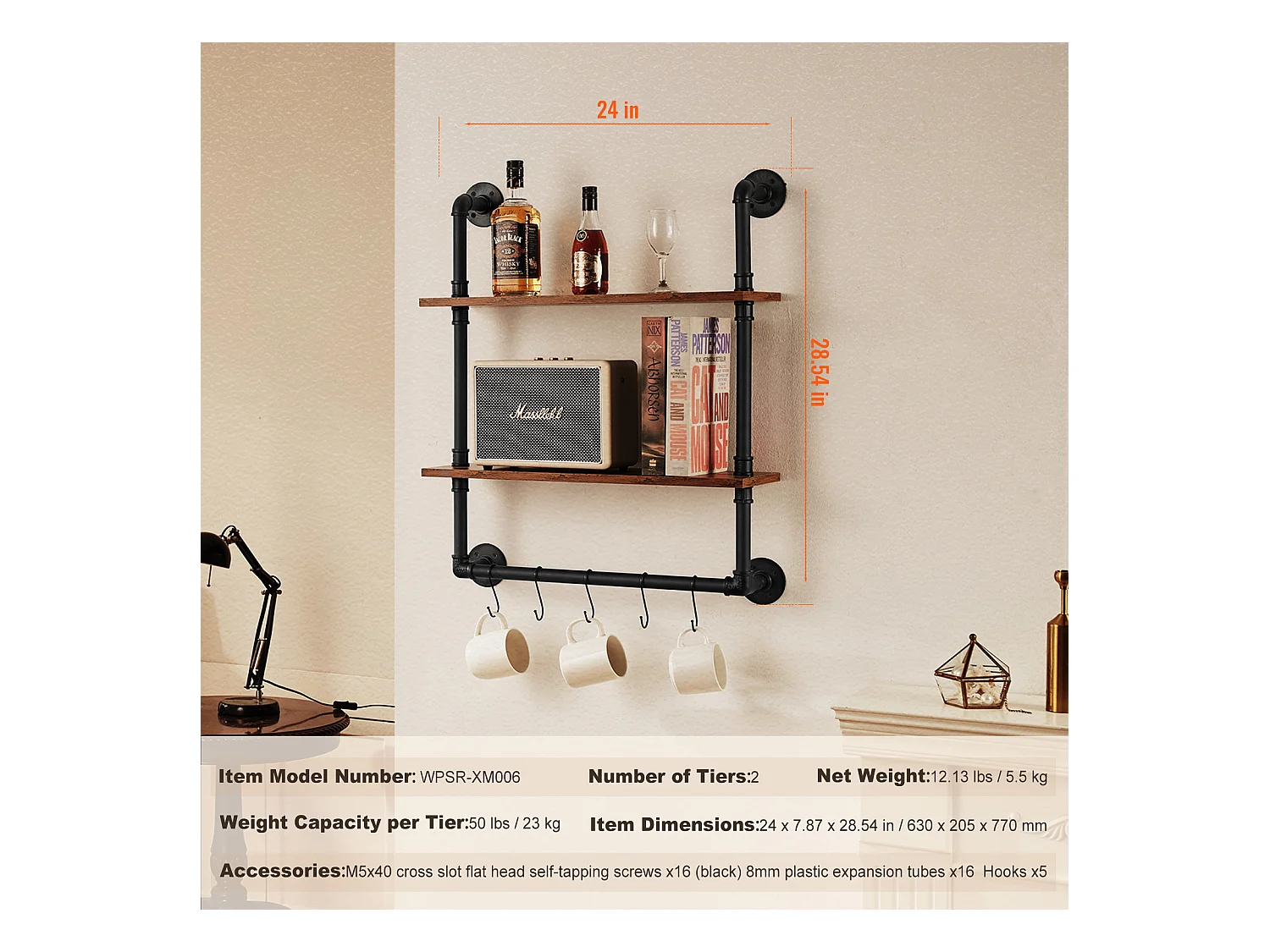 Étagère Mural, Étagère à 2Niveaux 61x 20 CM, Montage Mural, Bois Rustique, Rangement, Noir, Espaces de Vie