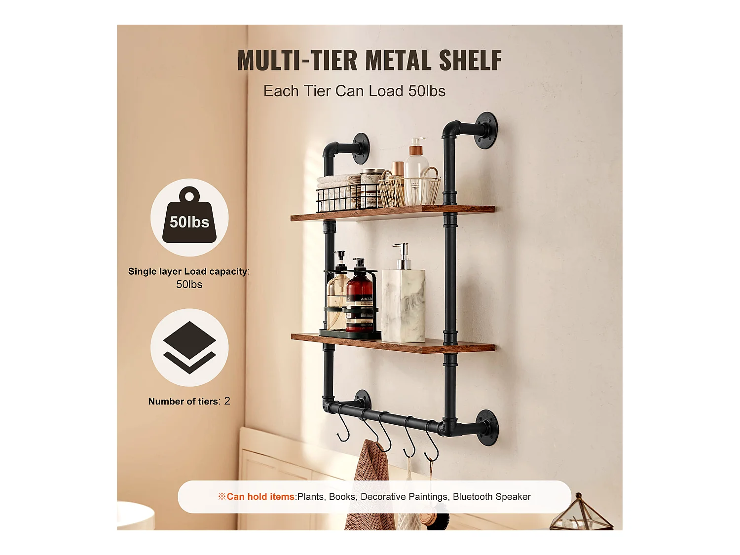 Étagère Mural, Étagère à 2Niveaux 61x 20 CM, Montage Mural, Bois Rustique, Rangement, Noir, Espaces de Vie