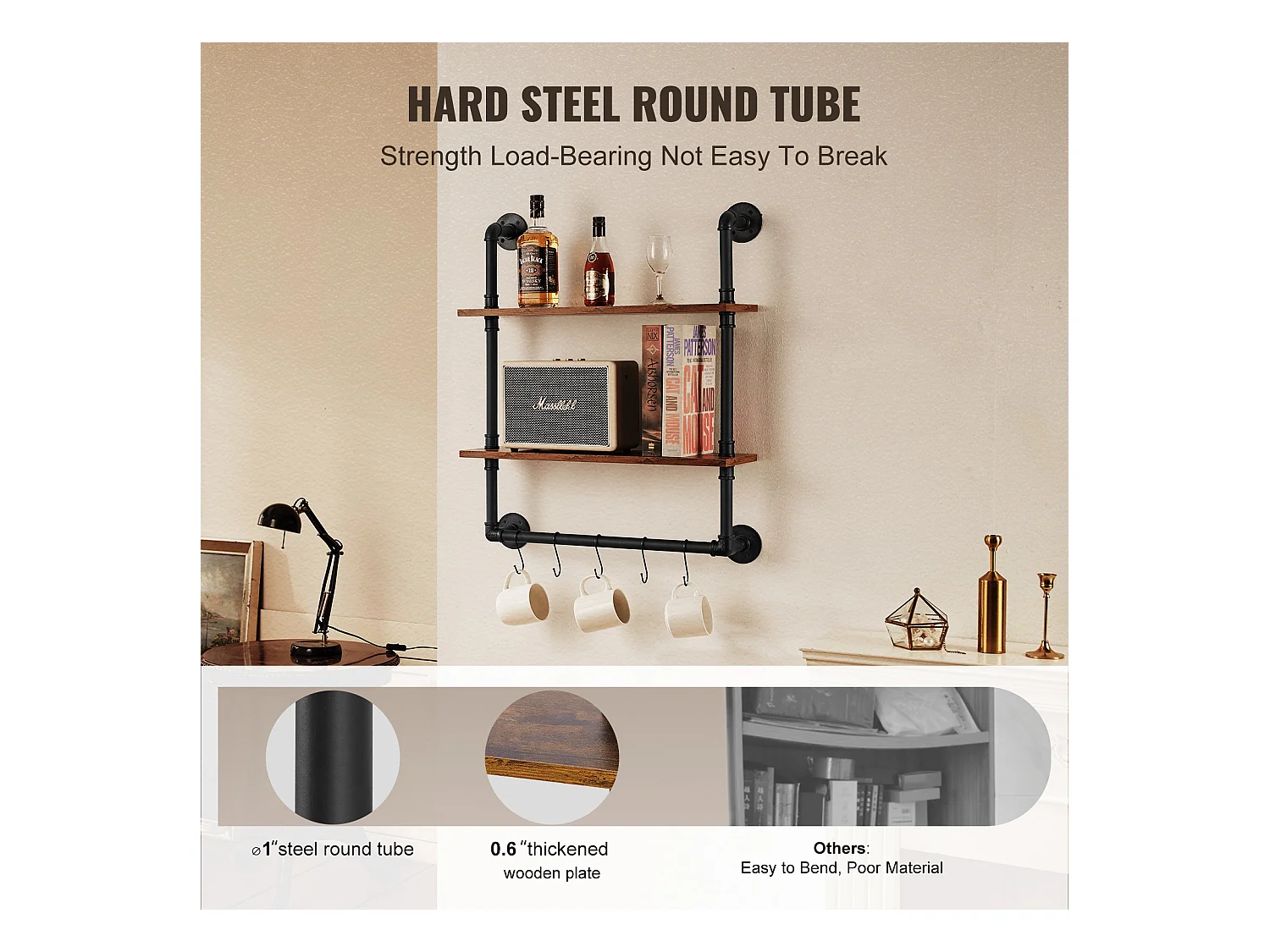 Étagère Mural, Étagère à 2Niveaux 61x 20 CM, Montage Mural, Bois Rustique, Rangement, Noir, Espaces de Vie