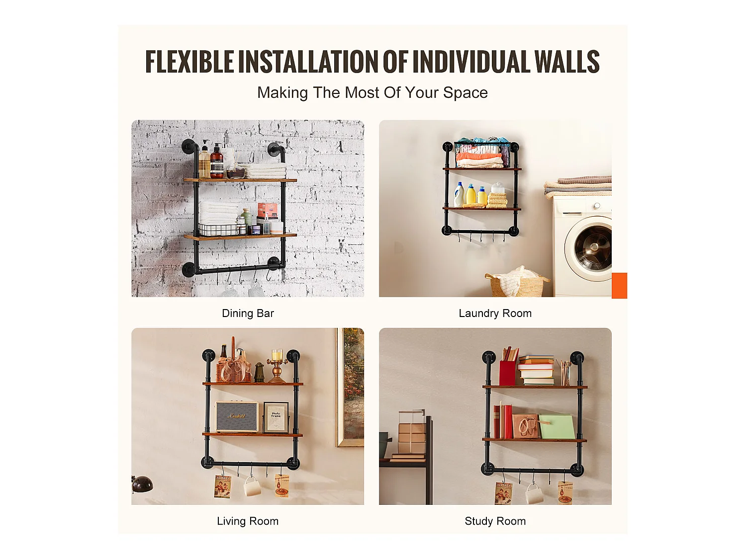 Étagère Mural, Étagère à 2Niveaux 61x 20 CM, Montage Mural, Bois Rustique, Rangement, Noir, Espaces de Vie