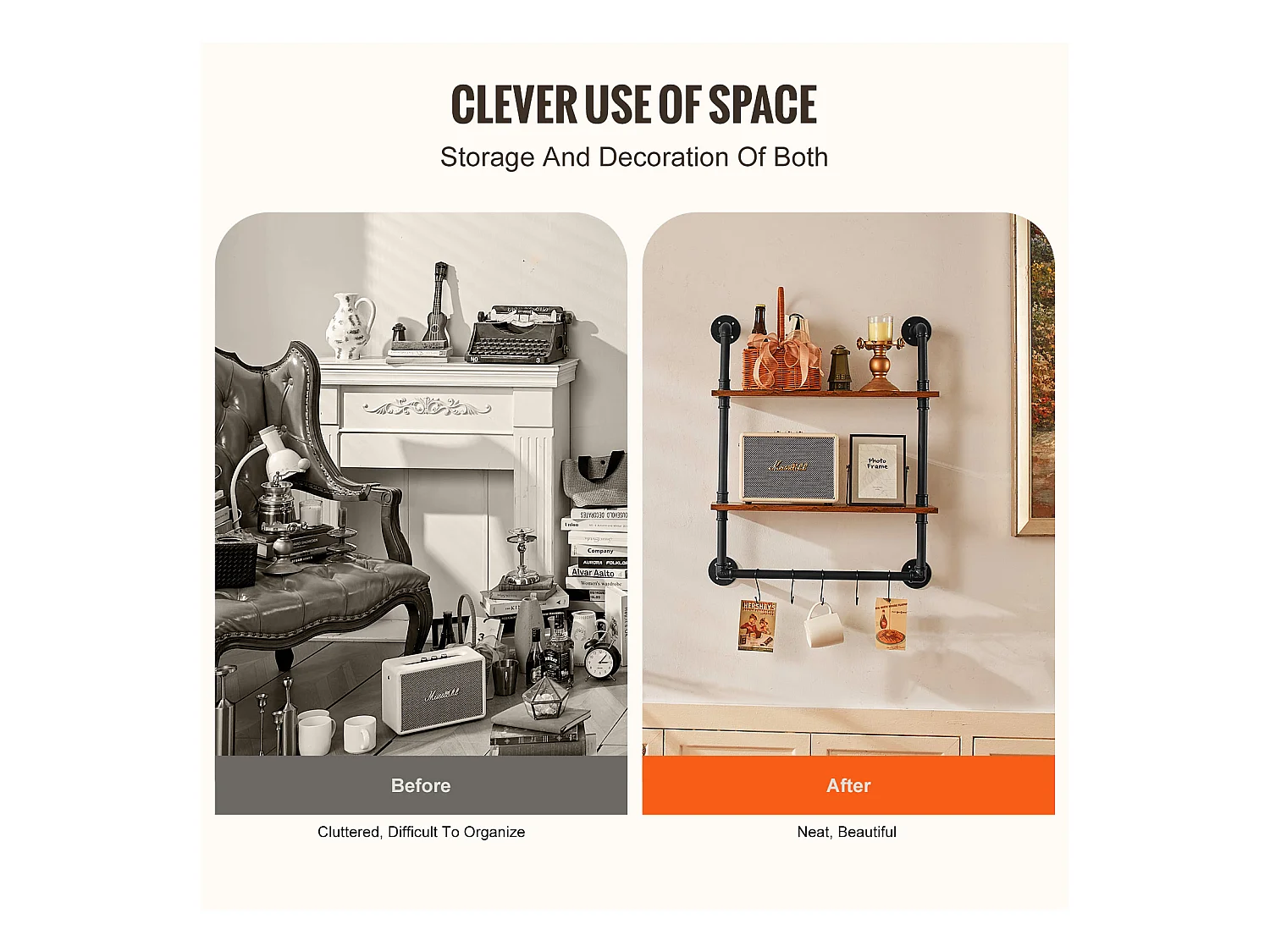 Étagère Mural, Étagère à 2Niveaux 61x 20 CM, Montage Mural, Bois Rustique, Rangement, Noir, Espaces de Vie