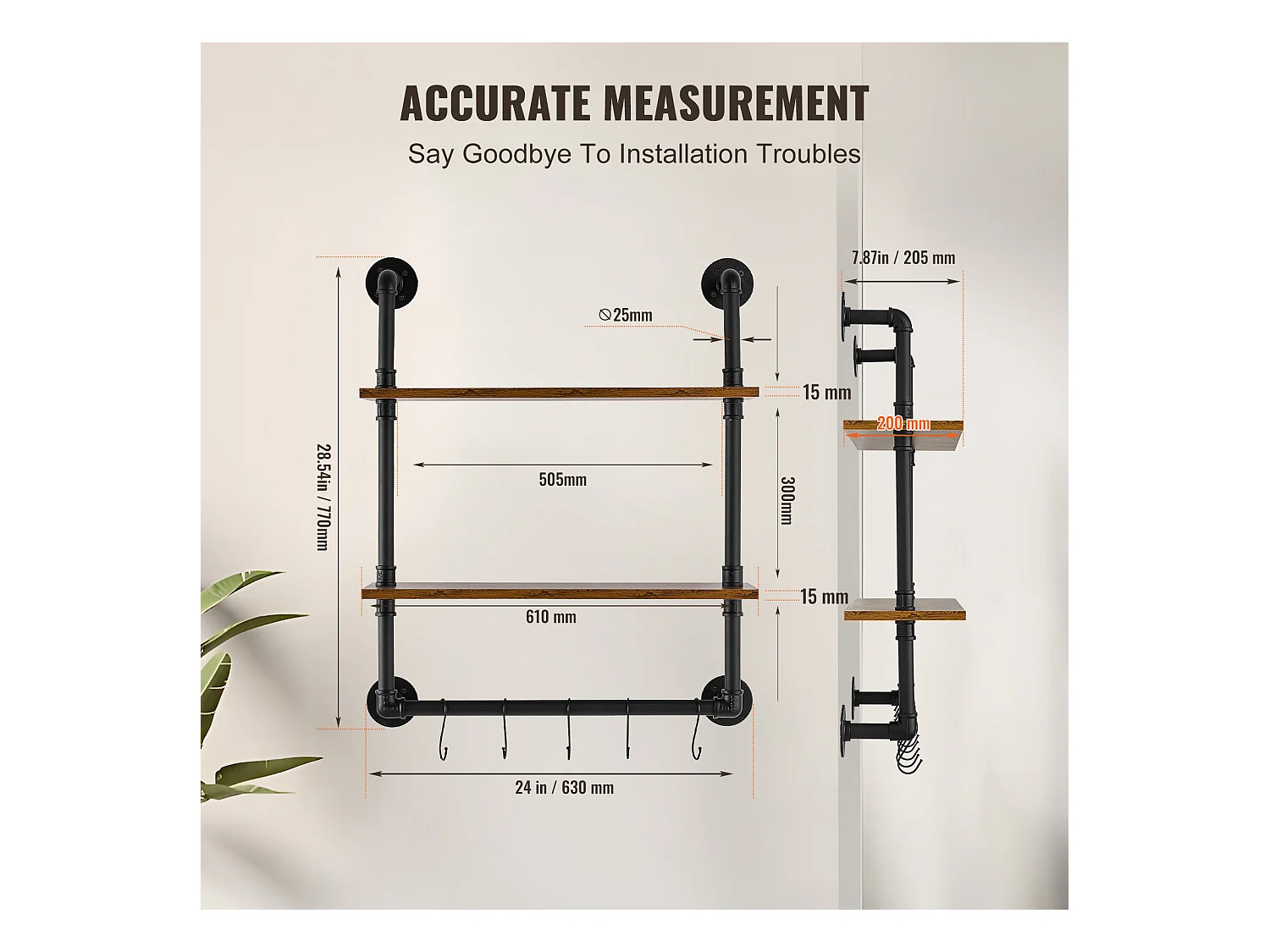 Étagère Mural, Étagère à 2Niveaux 61x 20 CM, Montage Mural, Bois Rustique, Rangement, Noir, Espaces de Vie