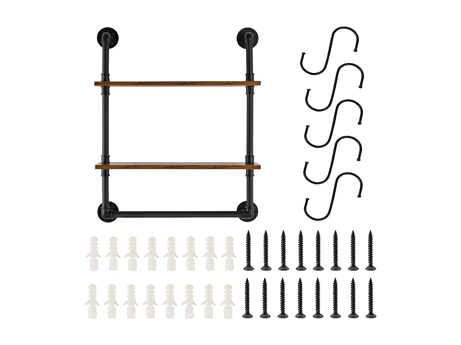 Étagère Mural, Étagère à 2Niveaux 61x 20 CM, Montage Mural, Bois Rustique, Rangement, Noir, Espaces de Vie