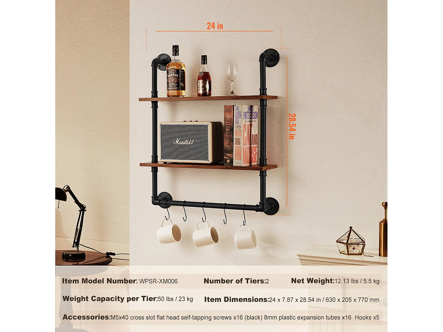 Étagère Mural, Étagère à 2Niveaux 61x 20 CM, Montage Mural, Bois Rustique, Rangement, Noir, Espaces de Vie