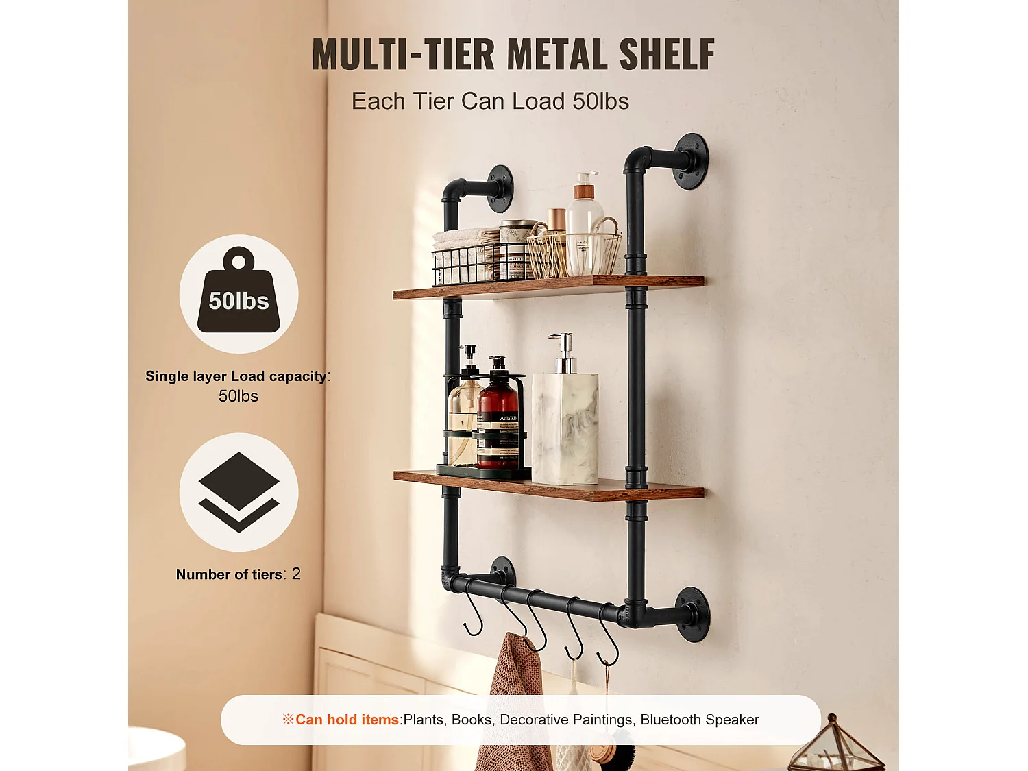 Étagère Mural, Étagère à 2Niveaux 61x 20 CM, Montage Mural, Bois Rustique, Rangement, Noir, Espaces de Vie