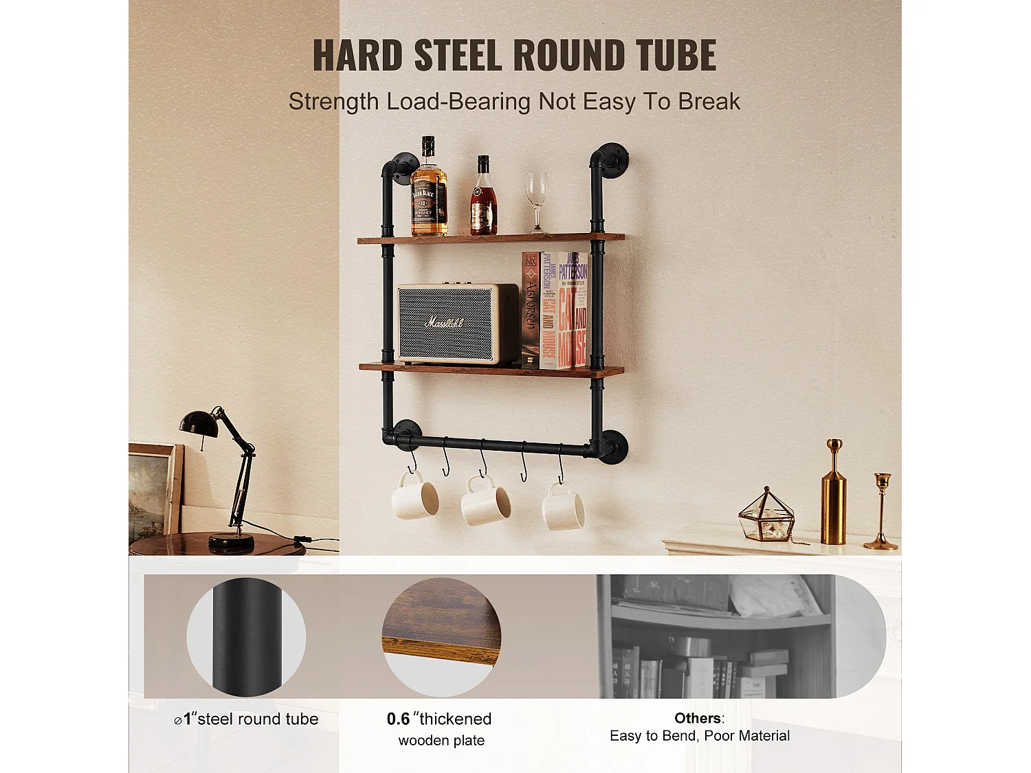 Étagère Mural, Étagère à 2Niveaux 61x 20 CM, Montage Mural, Bois Rustique, Rangement, Noir, Espaces de Vie