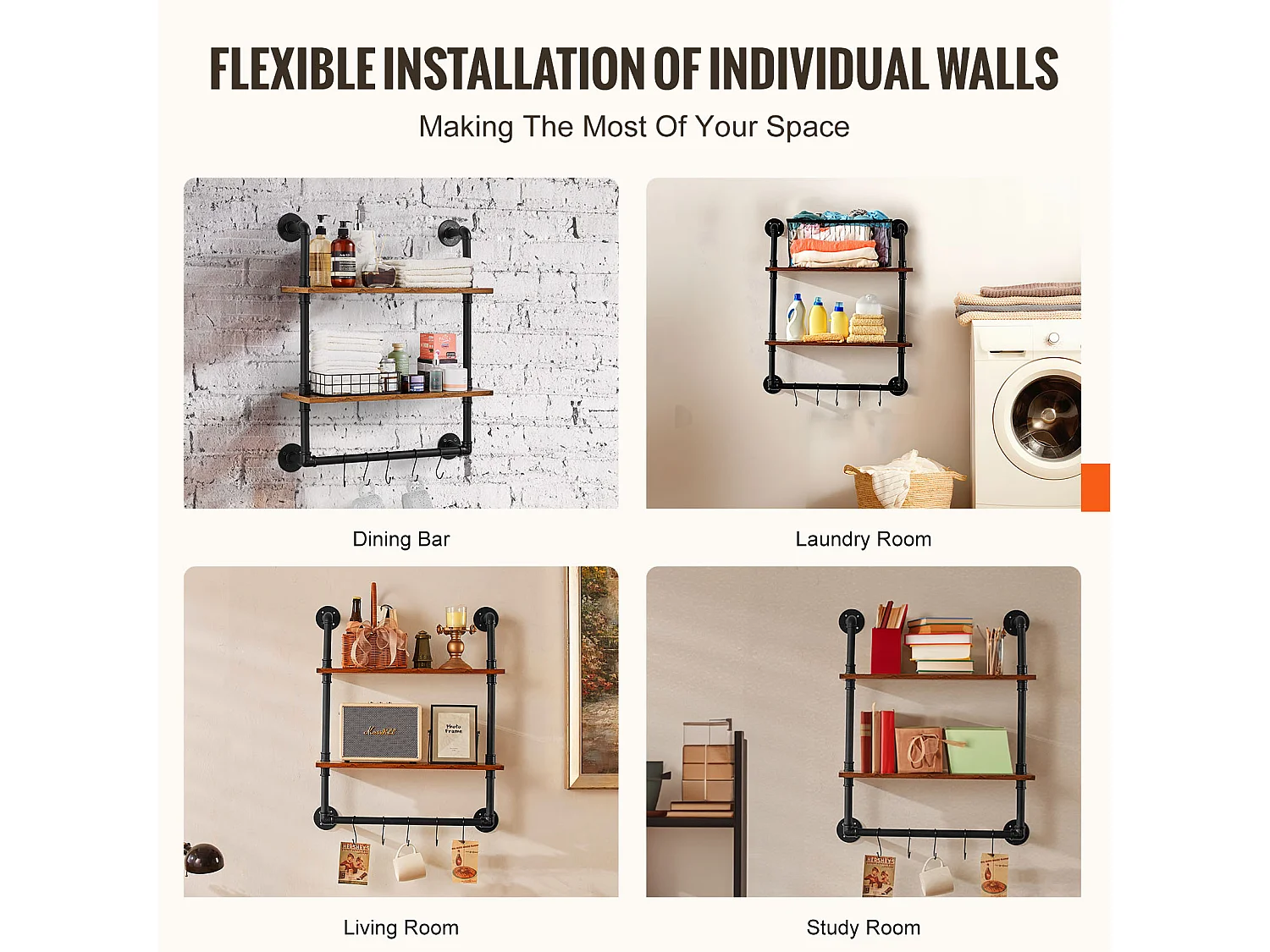 Étagère Mural, Étagère à 2Niveaux 61x 20 CM, Montage Mural, Bois Rustique, Rangement, Noir, Espaces de Vie