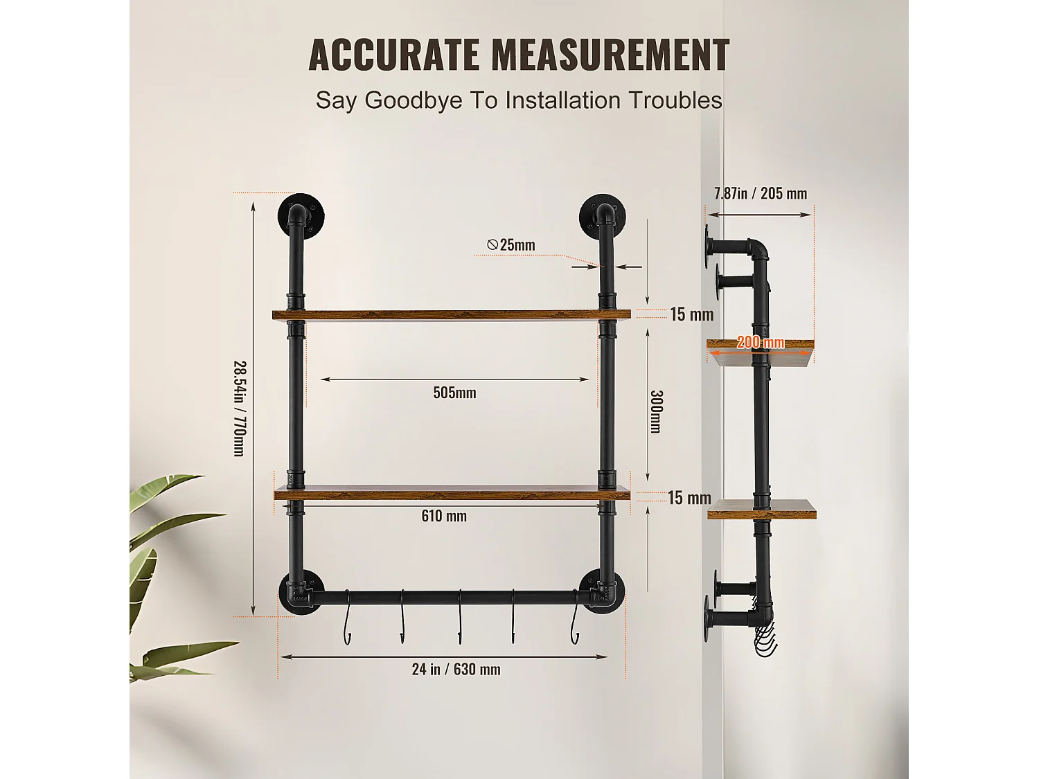 Étagère Mural, Étagère à 2Niveaux 61x 20 CM, Montage Mural, Bois Rustique, Rangement, Noir, Espaces de Vie