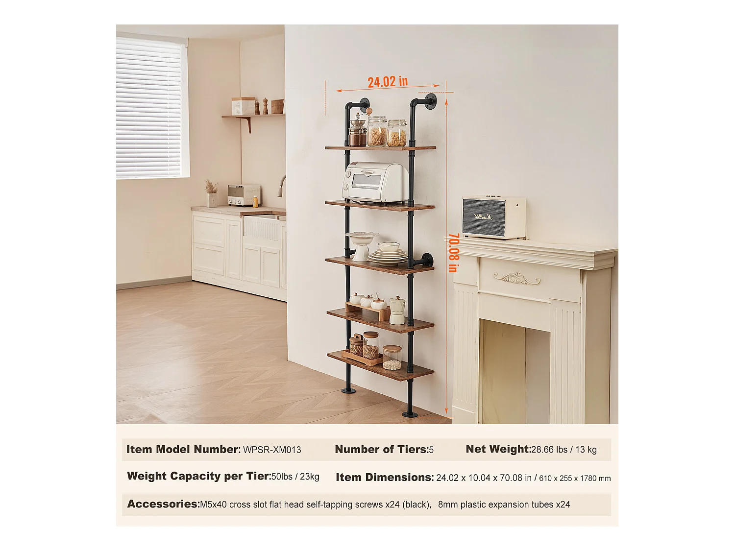 Étagère Mural, Étagère à 5 Niveaux 61 x 25 CM, Montage Mural, Rangement, Bois/Métal, Noir, Chambre à Coucher