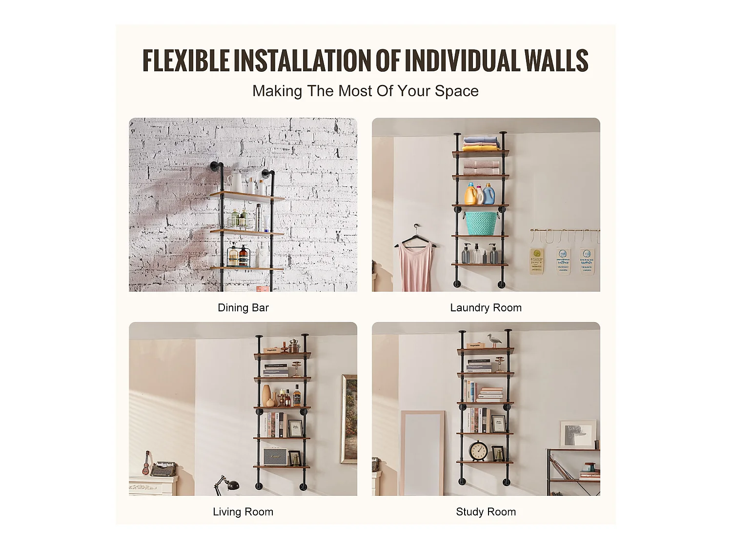 Étagère Mural, Étagère à 5 Niveaux 61 x 25 CM, Montage Mural, Rangement, Bois/Métal, Noir, Chambre à Coucher