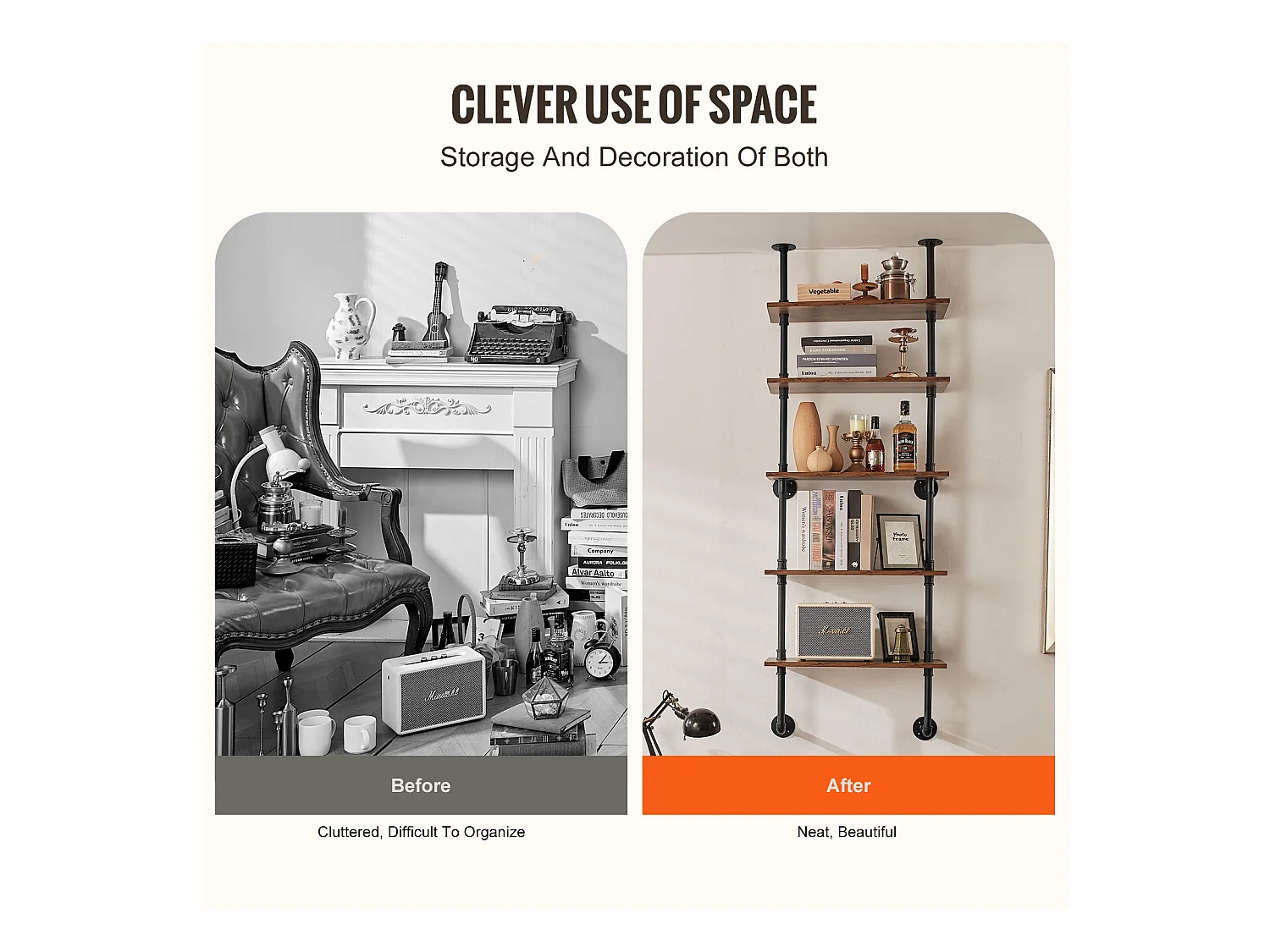 Étagère Mural, Étagère à 5 Niveaux 61 x 25 CM, Montage Mural, Rangement, Bois/Métal, Noir, Chambre à Coucher