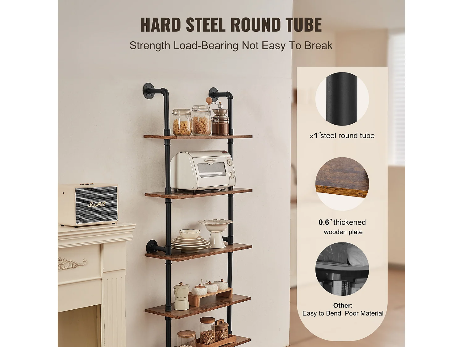 Étagère Mural, Étagère à 5 Niveaux 61 x 25 CM, Montage Mural, Rangement, Bois/Métal, Noir, Chambre à Coucher