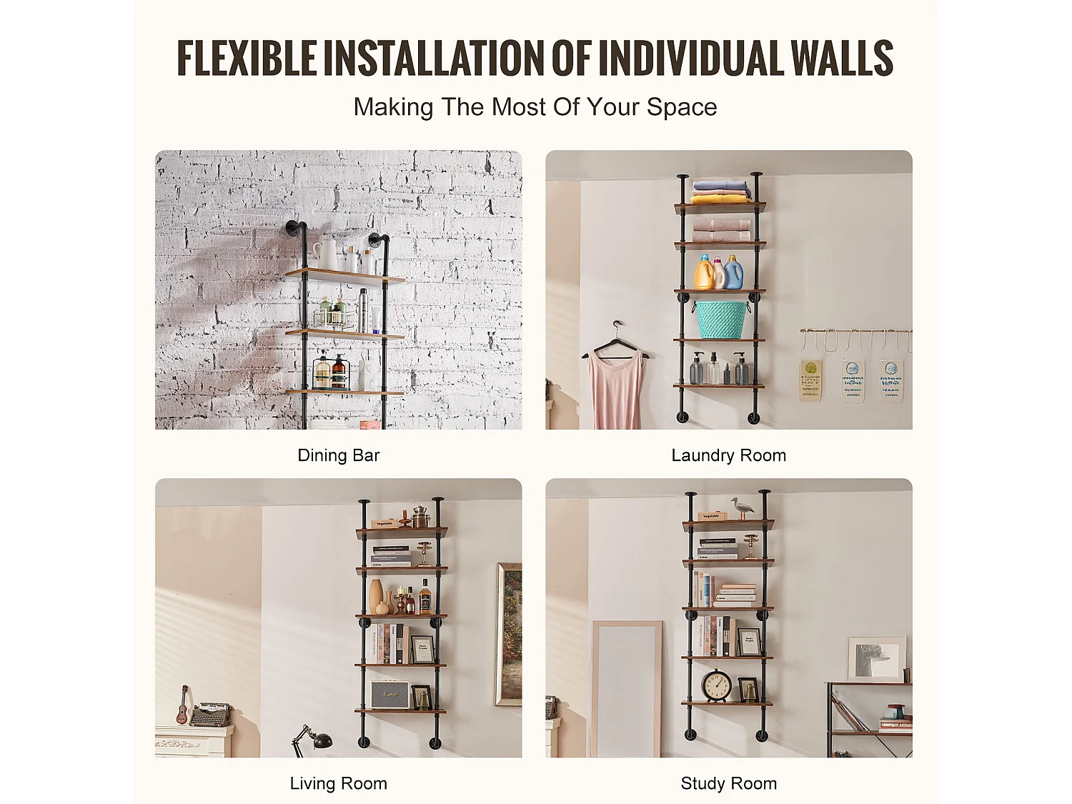 Étagère Mural, Étagère à 5 Niveaux 61 x 25 CM, Montage Mural, Rangement, Bois/Métal, Noir, Chambre à Coucher