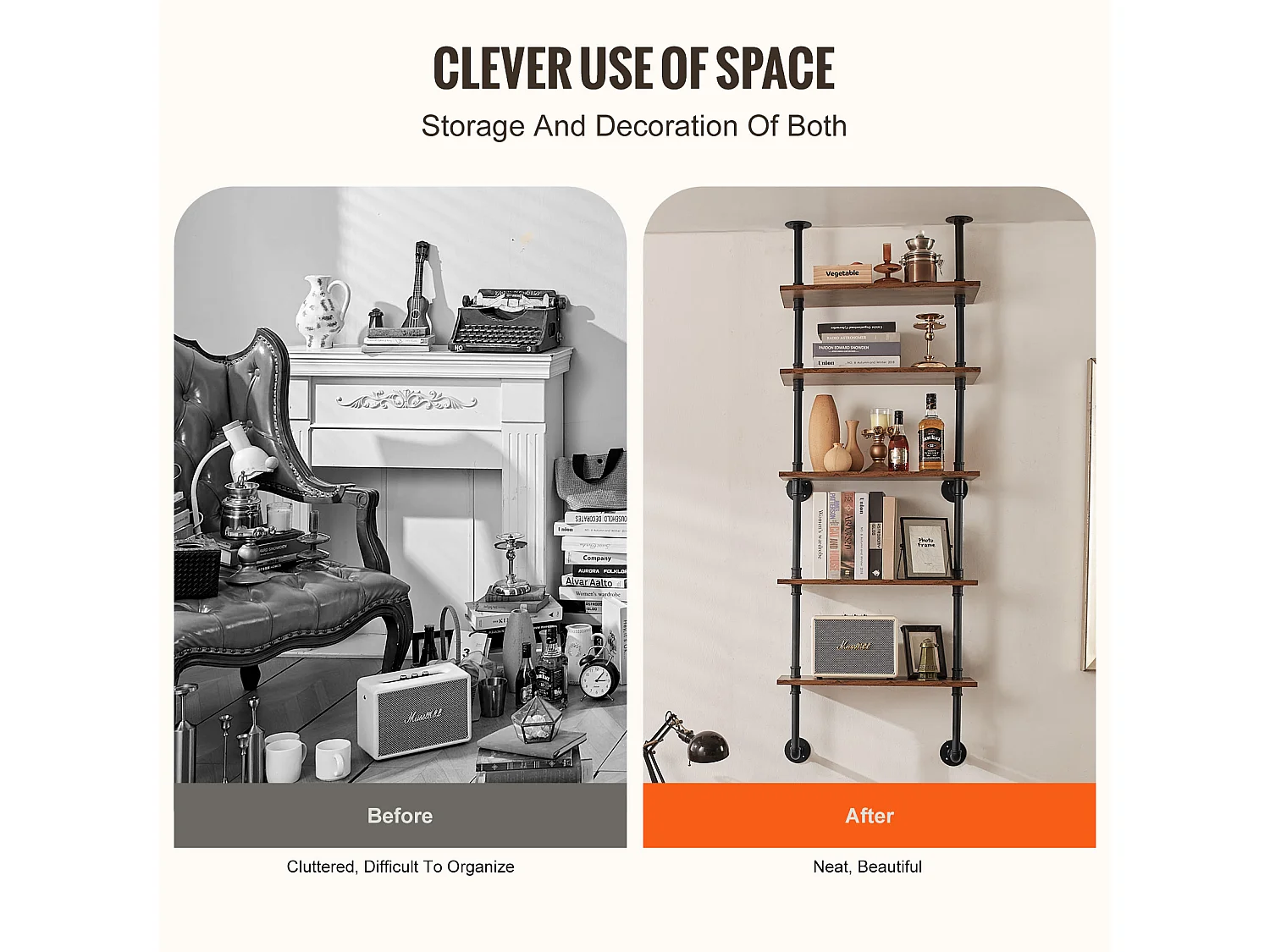 Étagère Mural, Étagère à 5 Niveaux 61 x 25 CM, Montage Mural, Rangement, Bois/Métal, Noir, Chambre à Coucher