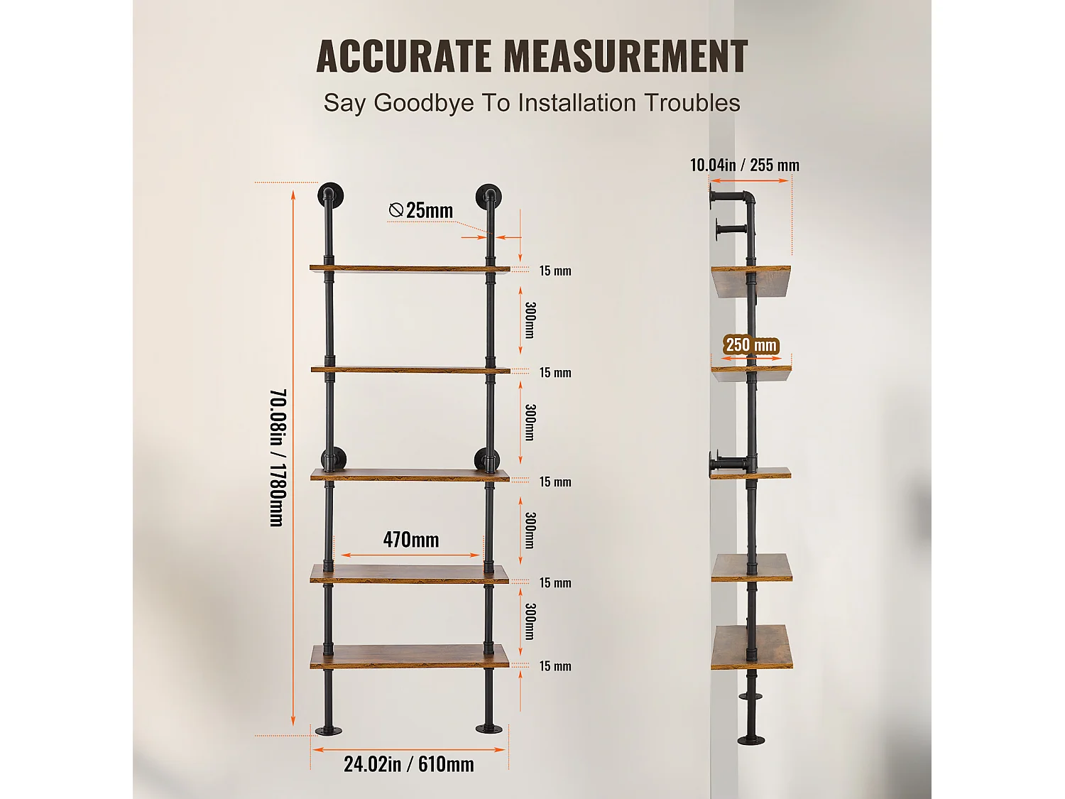 Étagère Mural, Étagère à 5 Niveaux 61 x 25 CM, Montage Mural, Rangement, Bois/Métal, Noir, Chambre à Coucher