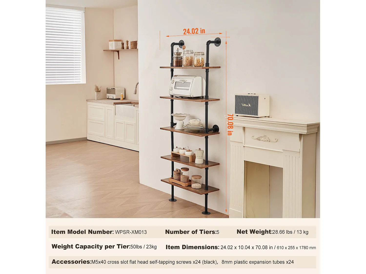 Étagère Mural, Étagère à 5 Niveaux 61 x 25 CM, Montage Mural, Rangement, Bois/Métal, Noir, Chambre à Coucher