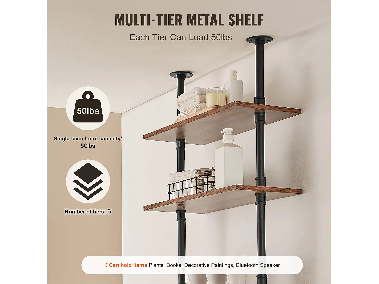 Étagère Mural, Étagère à 5 Niveaux 61 x 25 CM, Montage Mural, Rangement, Bois/Métal, Noir, Chambre à Coucher