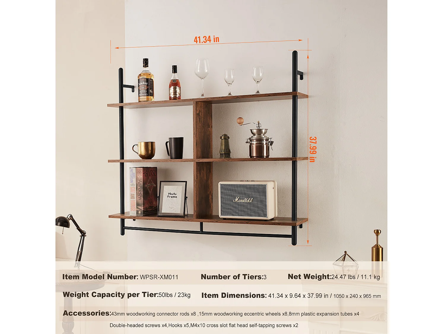 Étagère Mural, Étagère Industrielle à 3 Niveaux , 105.5 x 25 CM, Montage Mural pour Cuisine, Chambre à Coucher