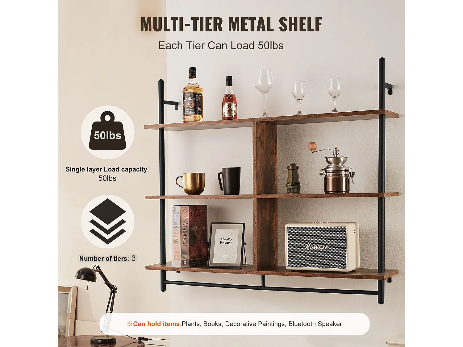 Étagère Mural, Étagère Industrielle à 3 Niveaux , 105.5 x 25 CM, Montage Mural pour Cuisine, Chambre à Coucher