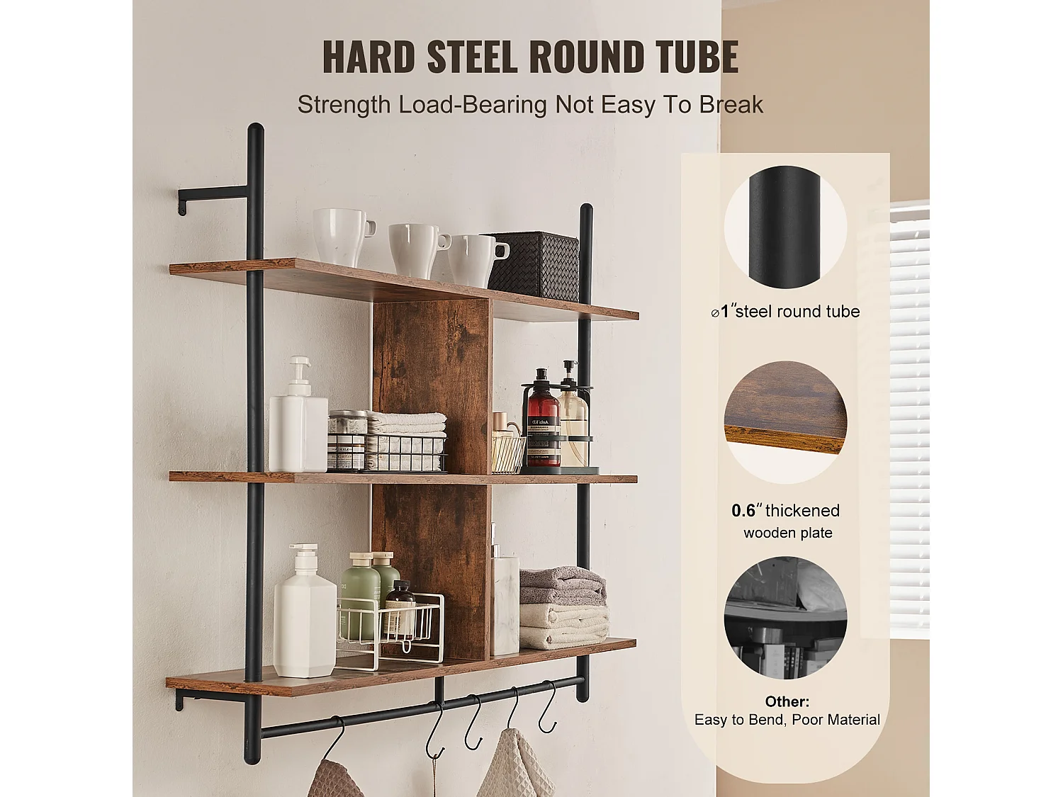 Étagère Mural, Étagère Industrielle à 3 Niveaux , 105.5 x 25 CM, Montage Mural pour Cuisine, Chambre à Coucher