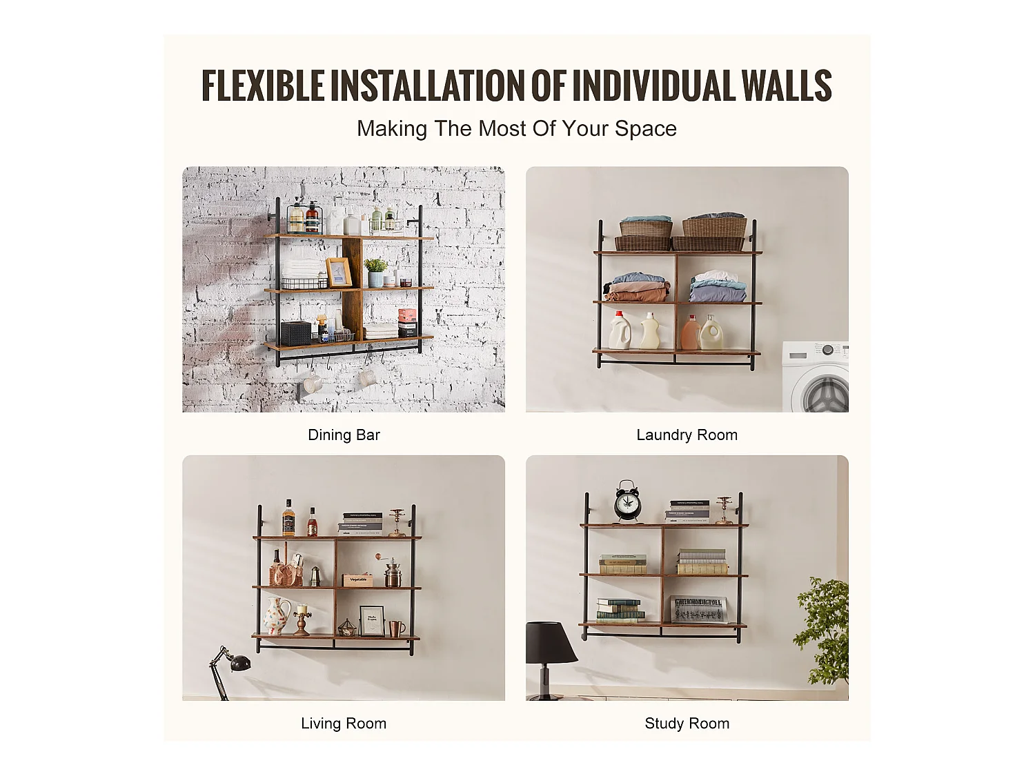 Étagère Mural, Étagère Industrielle à 3 Niveaux , 105.5 x 25 CM, Montage Mural pour Cuisine, Chambre à Coucher