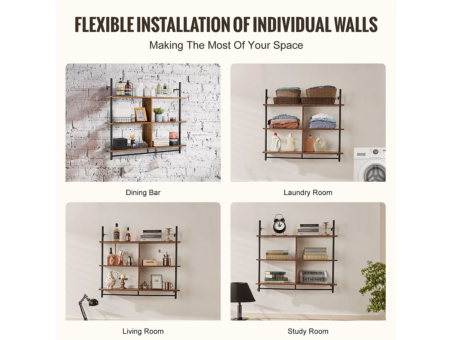 Étagère Mural, Étagère Industrielle à 3 Niveaux , 105.5 x 25 CM, Montage Mural pour Cuisine, Chambre à Coucher