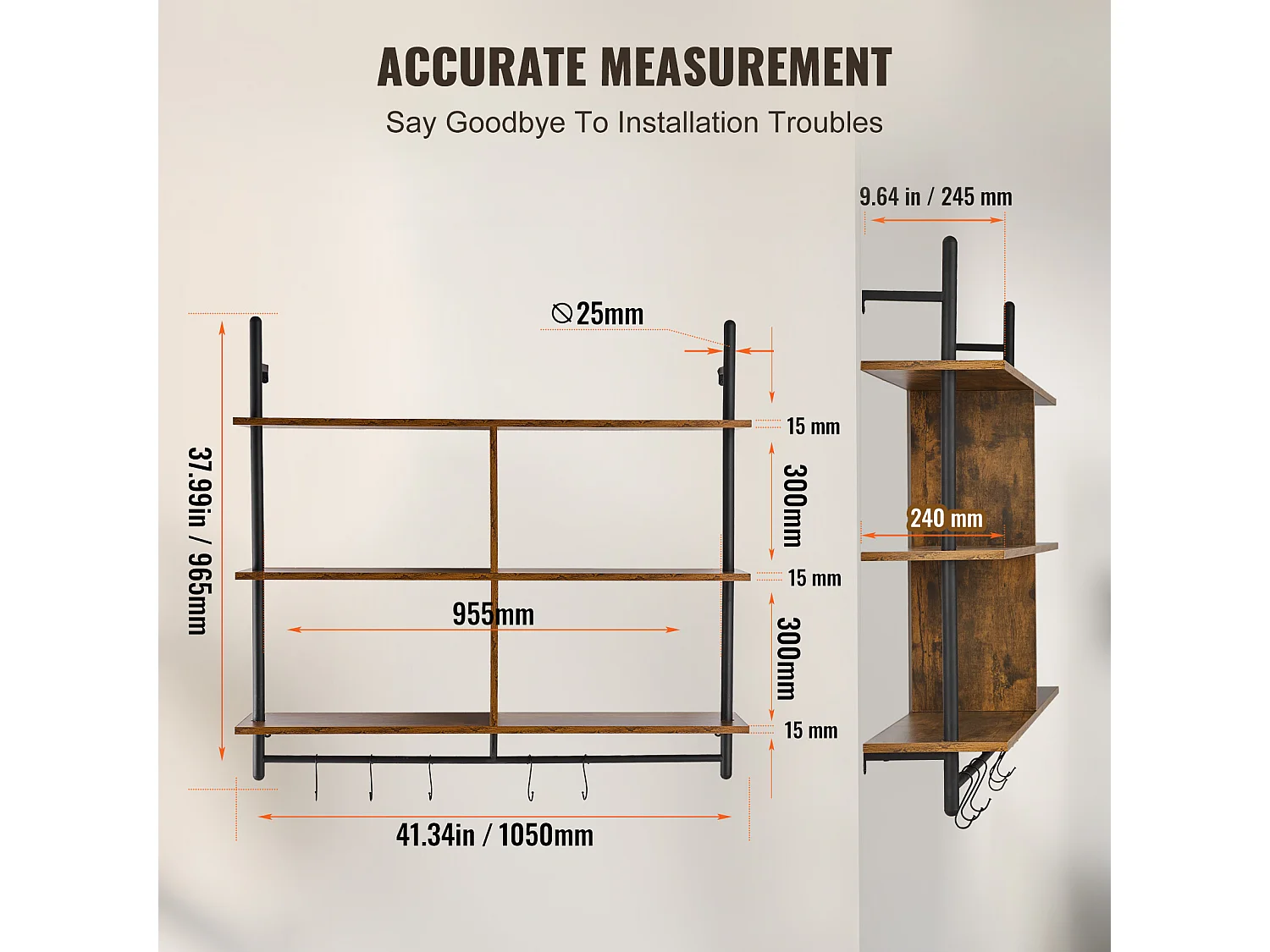 Étagère Mural, Étagère Industrielle à 3 Niveaux , 105.5 x 25 CM, Montage Mural pour Cuisine, Chambre à Coucher