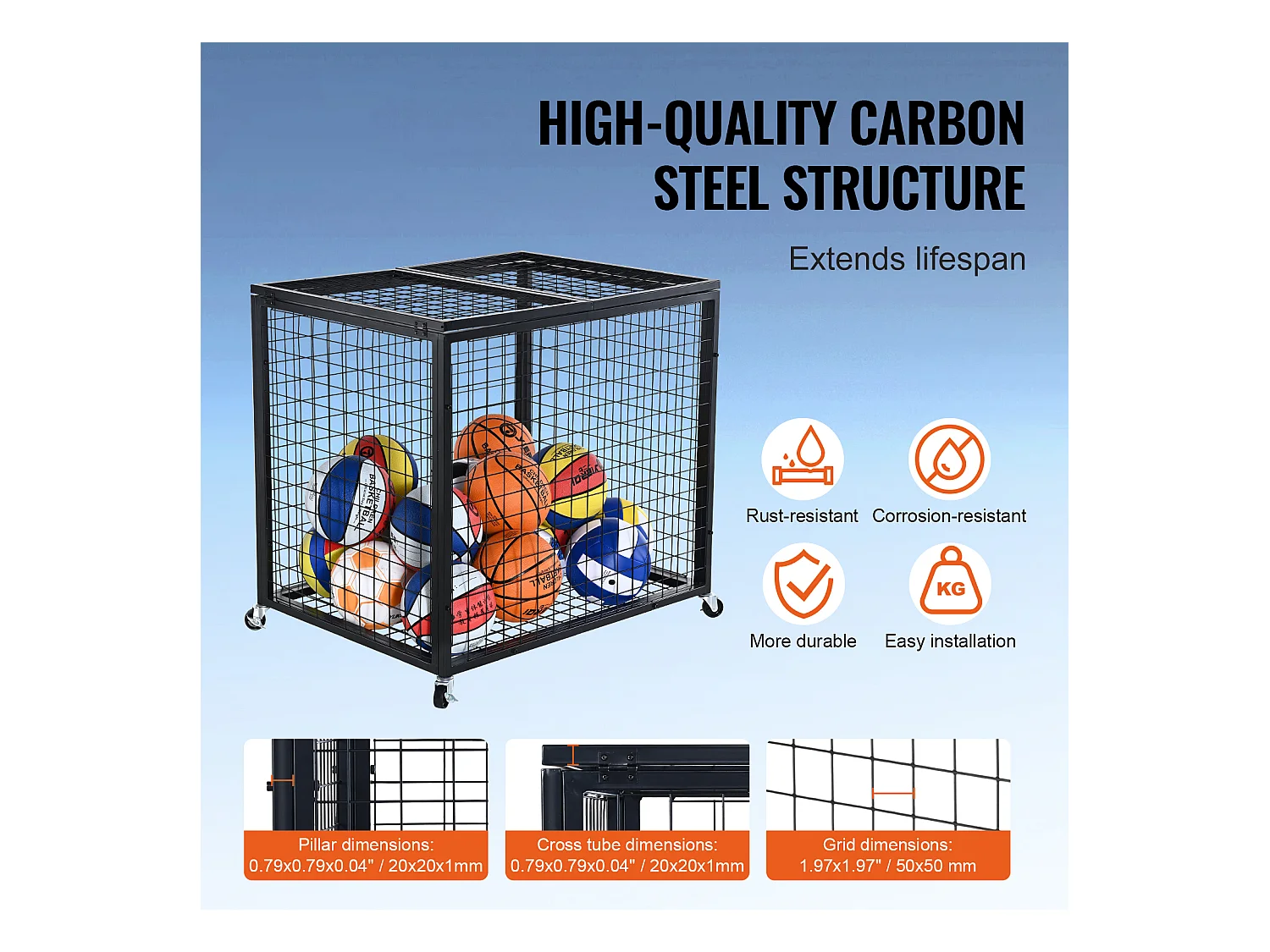 Carrito SucceBuy Carrito de Almacenamiento con Ruedas de Acero para Pelotas de Deporte para Garajes, Escuelas