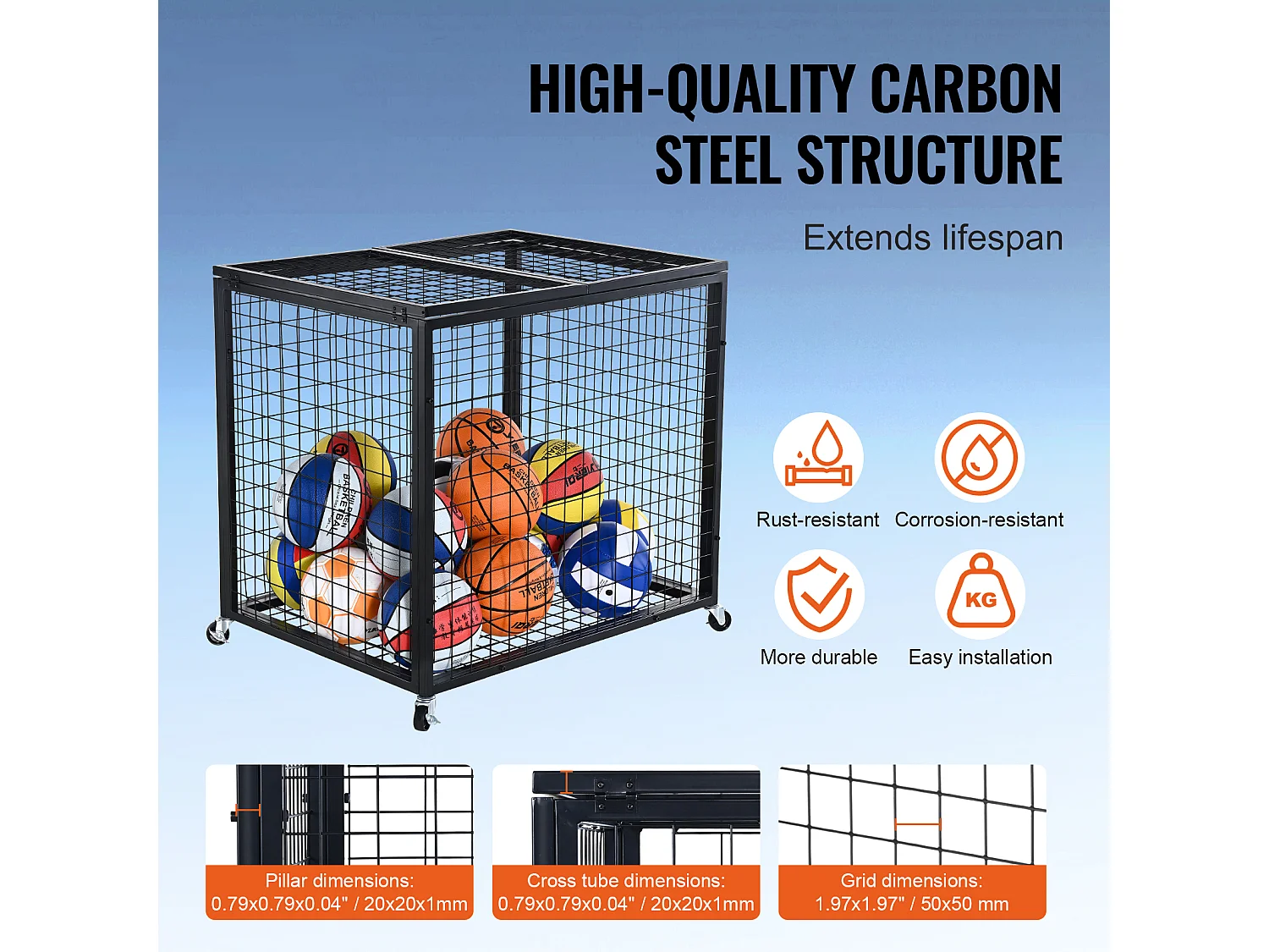 Chariot SucceBuy Chariot de Rangement à Roulettes en Acier pour Ballons de Sport Pour Garages, Écoles