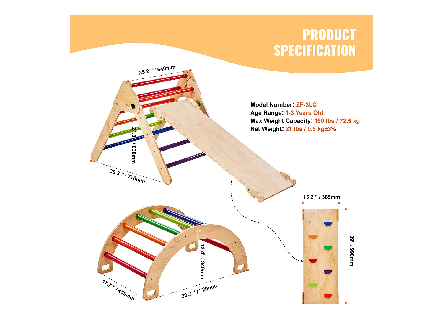 SucceBuy Arche d'escalade Enfants avec Toboggan Pikler 5 En 1, Jouets D'escalade Montessori pour Tout-petits, Coloré