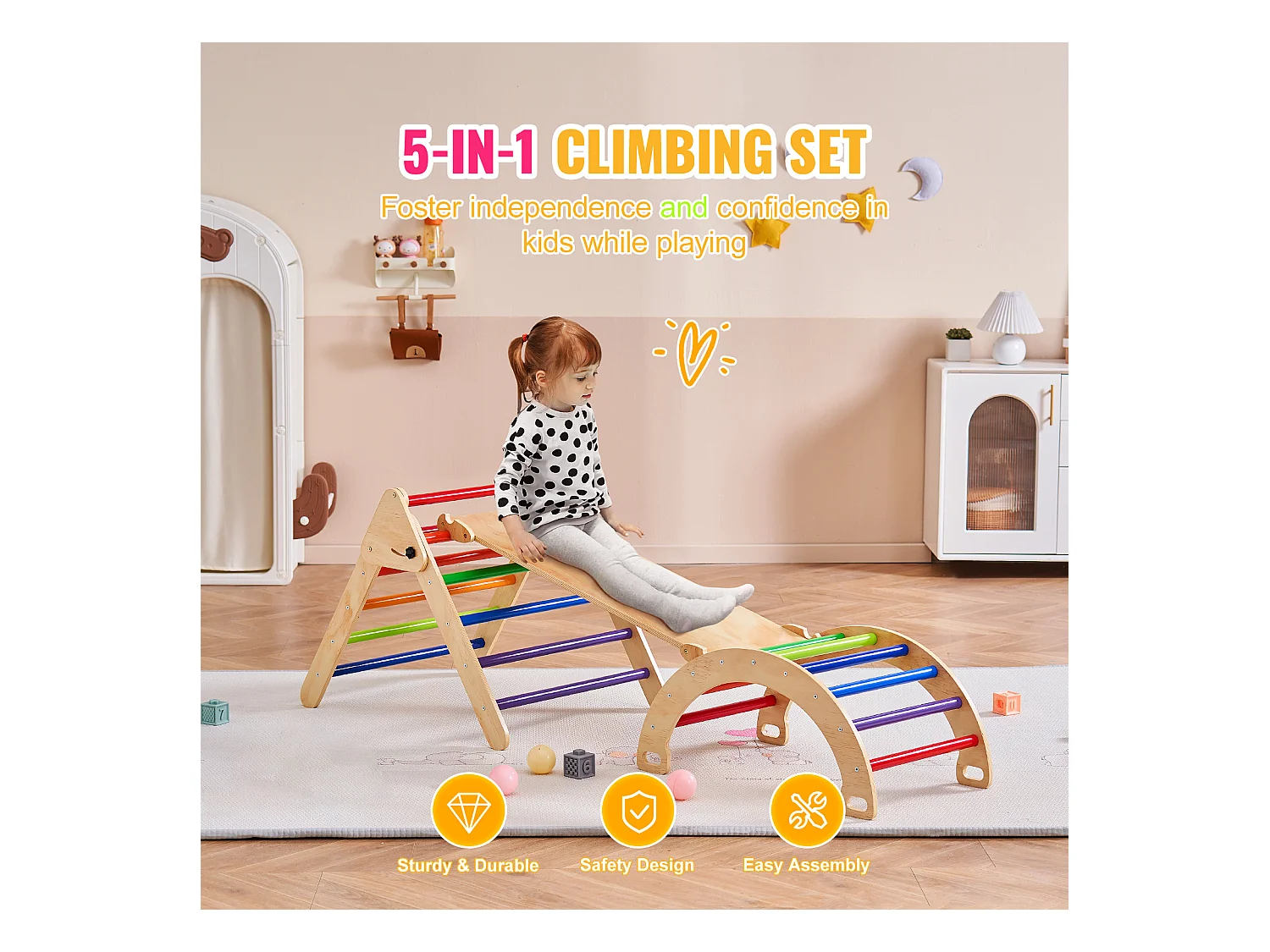 SucceBuy Arche d'escalade Enfants avec Toboggan Pikler 5 En 1, Jouets D'escalade Montessori pour Tout-petits, Coloré