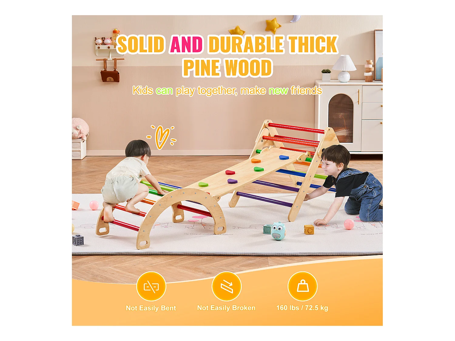 SucceBuy Arche d'escalade Enfants avec Toboggan Pikler 5 En 1, Jouets D'escalade Montessori pour Tout-petits, Coloré