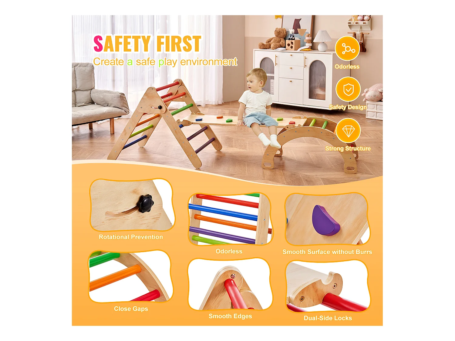 SucceBuy Arche d'escalade Enfants avec Toboggan Pikler 5 En 1, Jouets D'escalade Montessori pour Tout-petits, Coloré