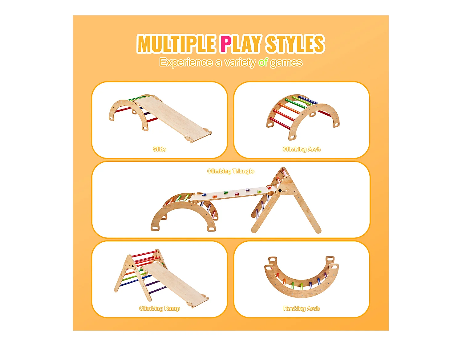 SucceBuy Arche d'escalade Enfants avec Toboggan Pikler 5 En 1, Jouets D'escalade Montessori pour Tout-petits, Coloré