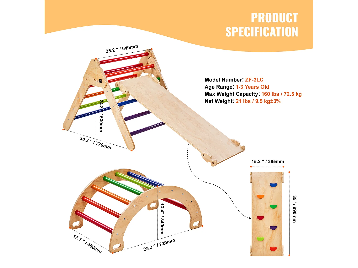 SucceBuy Arche d'escalade Enfants avec Toboggan Pikler 5 En 1, Jouets D'escalade Montessori pour Tout-petits, Coloré