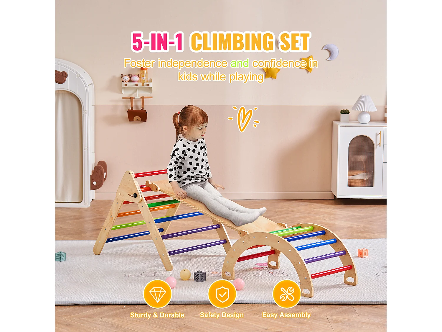 SucceBuy Arche d'escalade Enfants avec Toboggan Pikler 5 En 1, Jouets D'escalade Montessori pour Tout-petits, Coloré
