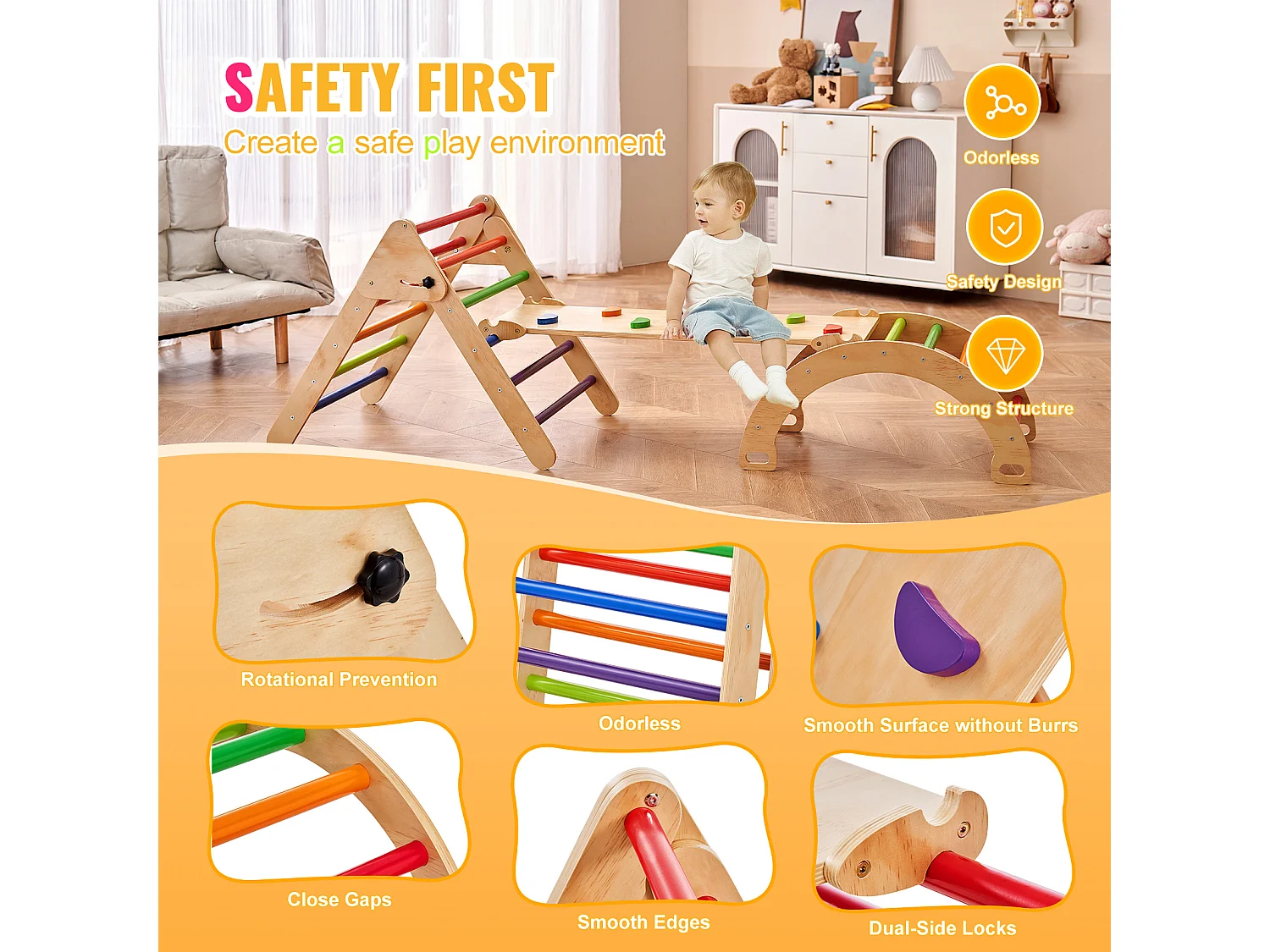 SucceBuy Arche d'escalade Enfants avec Toboggan Pikler 5 En 1, Jouets D'escalade Montessori pour Tout-petits, Coloré