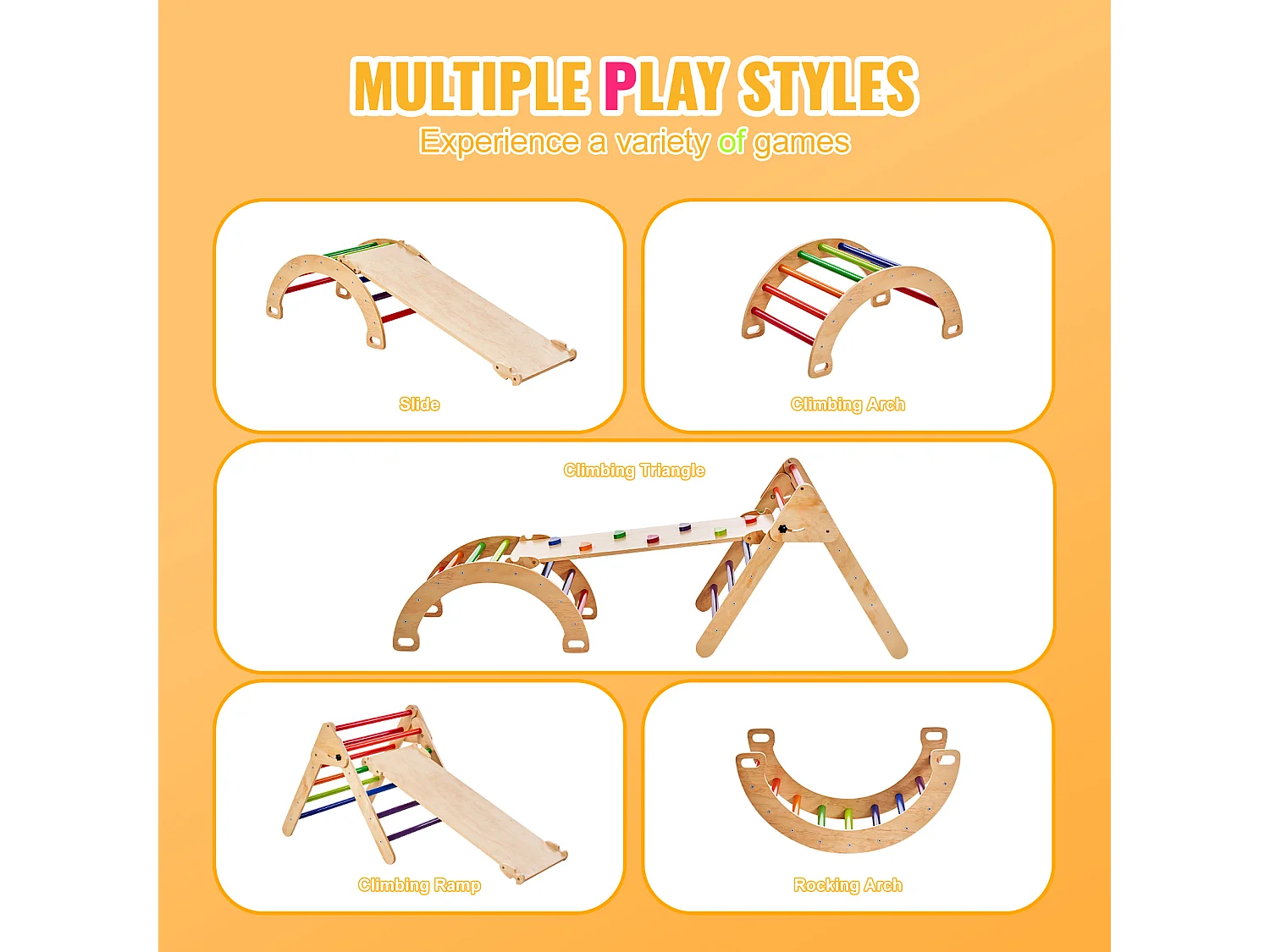 SucceBuy Arche d'escalade Enfants avec Toboggan Pikler 5 En 1, Jouets D'escalade Montessori pour Tout-petits, Coloré