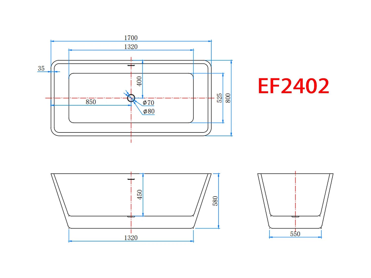 AICA Bañera de acrílico rectangular exenta,1700x800x580mm,color blanco,incluye manguera + desagüe