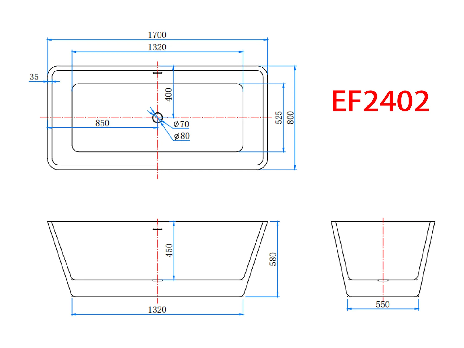 AICA Banheiras de ilha retangular em acrílico, 1700x800x580mm, branca, inclui mangueira + ralo