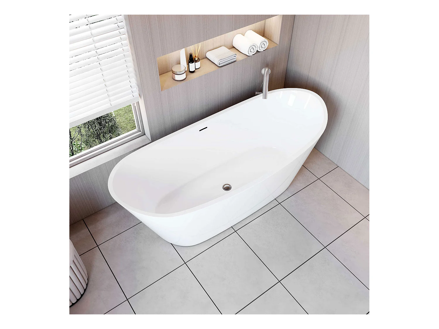 AICA Bañera acrílica exenta lujosa y duradera,1700x720x650mm,estilo ovalado,color blanco,incluye manguera + desagüe