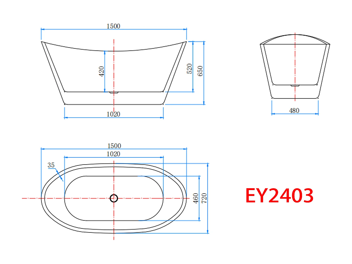 AICA Banheiras de ilha acrílico luxuosa e durável,1500x720x650mm, estilo oval, branca, inclui mangueira + dreno
