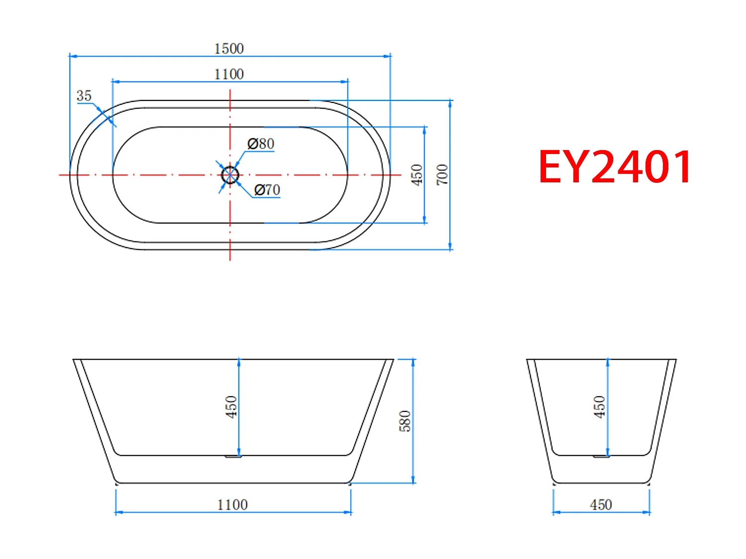 AICA Banheiras de ilha oval em acrílico,1500x700x580mm, branca, inclui mangueira + ralo